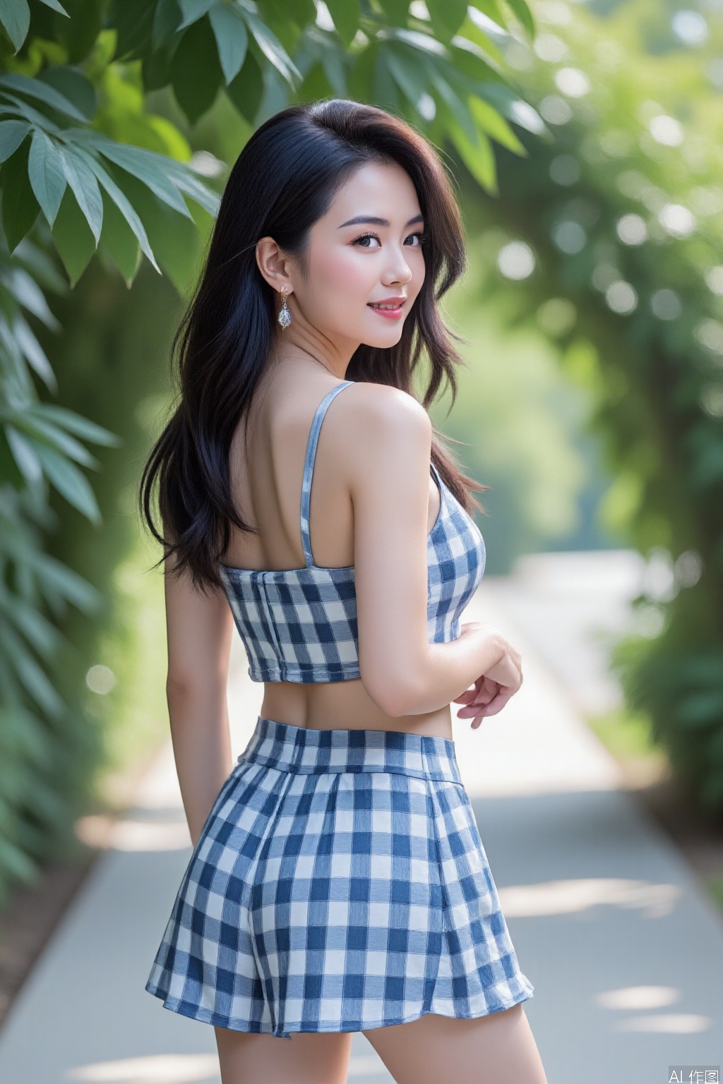 
The image shows a young woman standing outdoors, facing away from the camera. She is wearing a blue and white plaid outfit consisting of a crop top and a pleated skirt. Her long, dark hair is styled in loose waves, and she has a confident posture with one hand on her hip. The background features lush greenery, including trees and plants, and a paved pathway. The lighting suggests it is daytime, with natural light illuminating the scene.