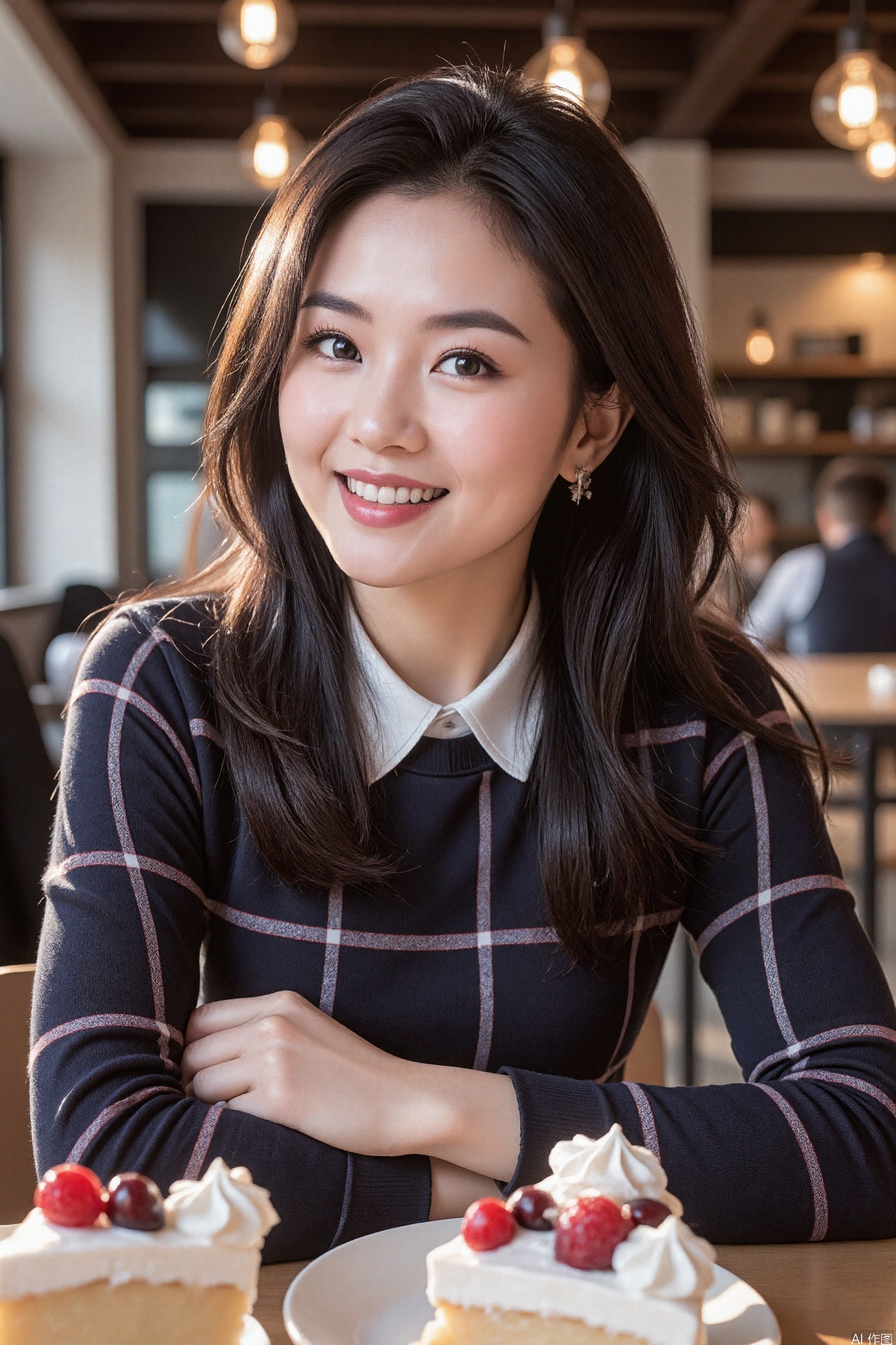 The image shows a young woman sitting at a table in a cozy café. She is wearing a plaid sweater over a white collared shirt. She is holding a plate with a slice of cake topped with whipped cream and a few berries. Another similar slice of cake is placed on the table in front of her. The background features a café setting with warm lighting, hanging lights, and a counter with various items. The atmosphere appears relaxed and inviting.
