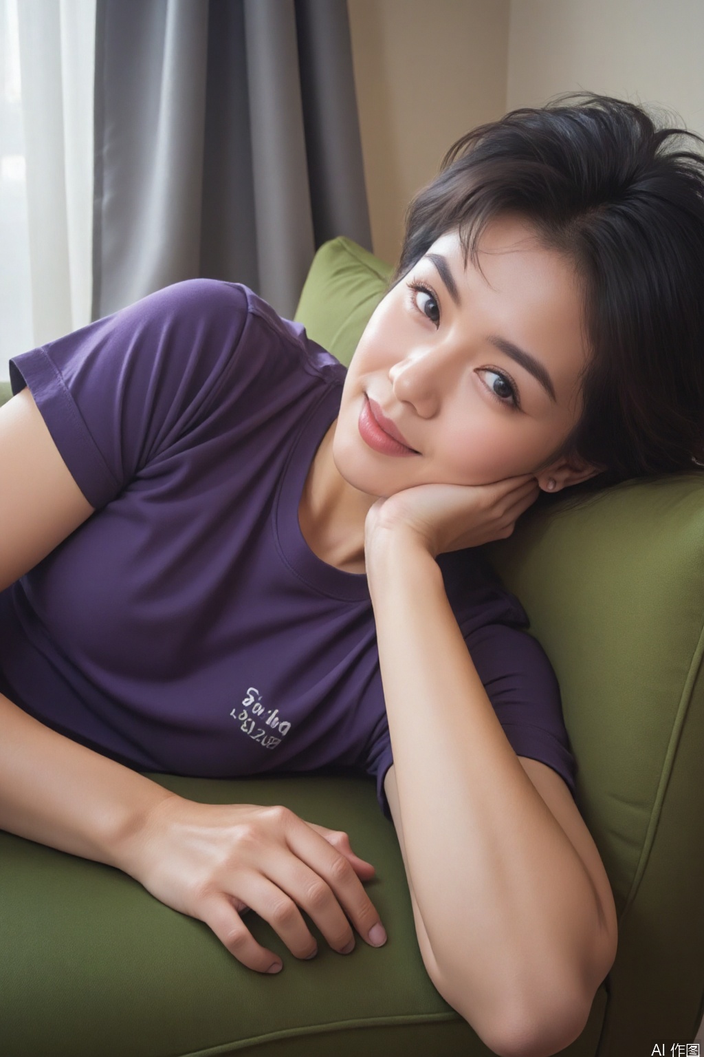 The image shows a person lying on a green couch. The person is wearing a purple t-shirt with some text on it. The person has curly hair and is resting their head on their left hand. The background includes a curtain and a wall, with some natural light coming in, creating a warm and soft ambiance.