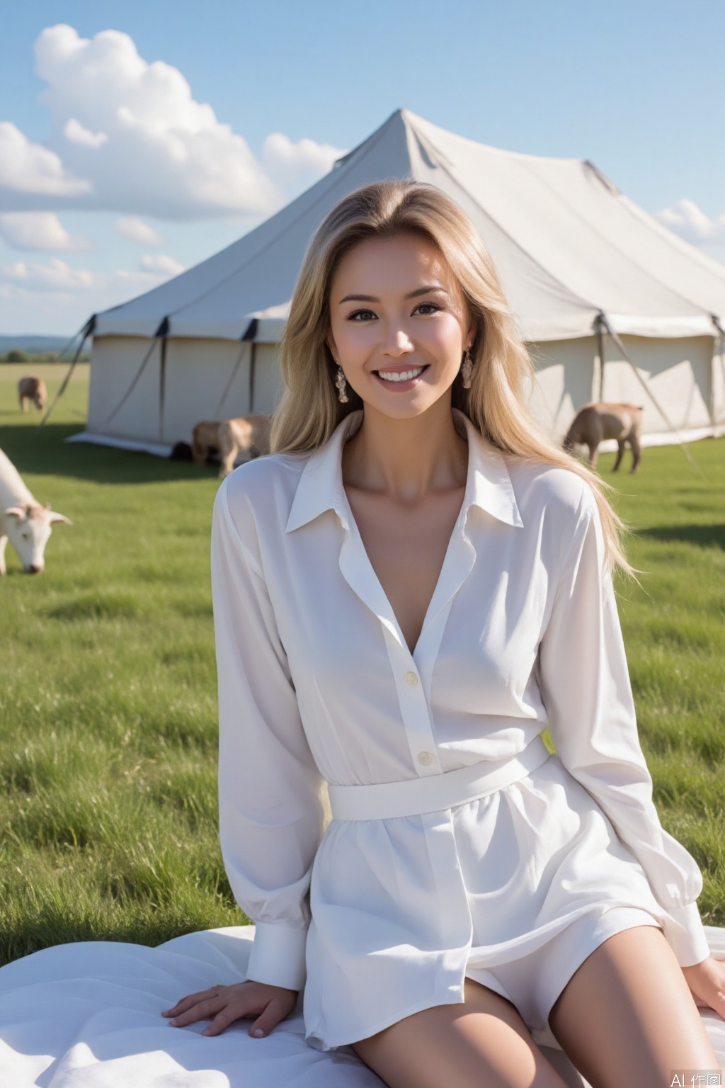 The image shows a person sitting outdoors in a grassy area, wearing a white outfit. Behind them, there is a large tent-like structure with black straps. In the background, there are several animals grazing on the grass, including cows and goats. The sky is clear with a few scattered clouds, and the landscape appears to be a vast, open field.