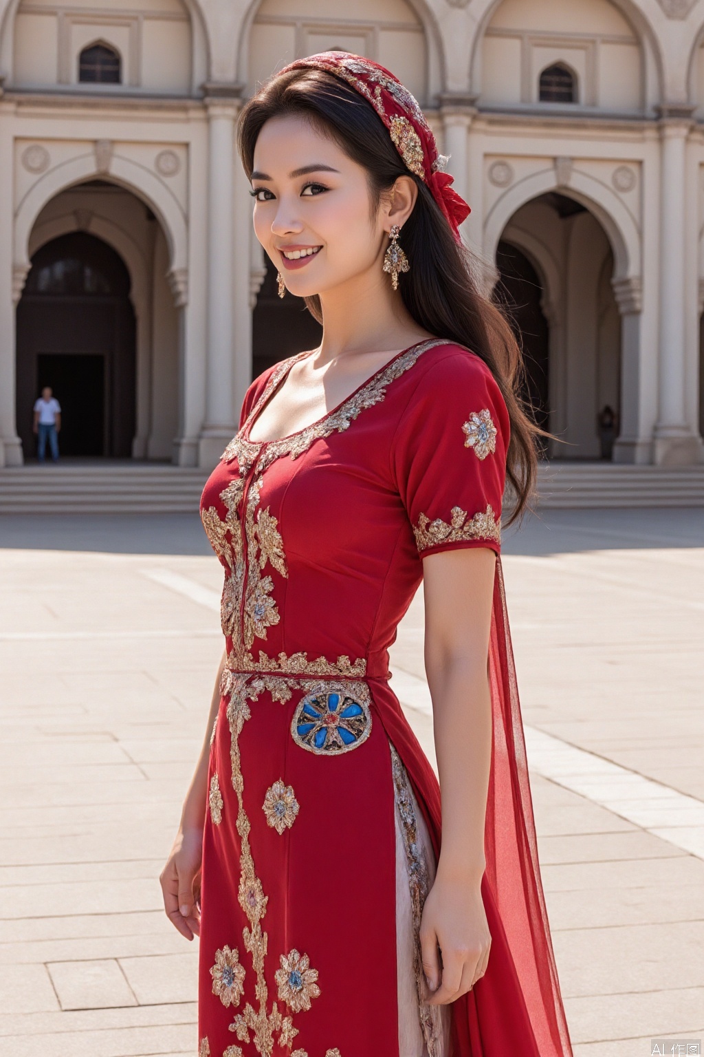 The image shows a person wearing a vibrant red dress adorned with intricate patterns and designs. The dress features floral and geometric motifs, with a prominent heart-shaped embellishment on the upper arm. The person is also wearing a colorful headpiece that matches the dress, and they are standing on a paved area in front of a large, ornate building with arched doorways and minarets. The architecture appears to be of traditional or historical significance, possibly a mosque or a similar structure. The lighting suggests it is daytime, with sunlight casting shadows on the ground.