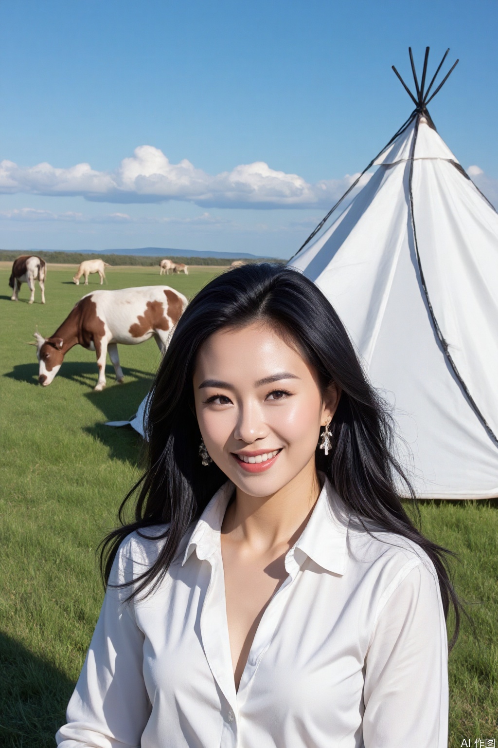 The image shows a person sitting outdoors in a grassy area, wearing a white outfit. Behind them, there is a large tent-like structure with black straps. In the background, there are several animals grazing on the grass, including cows and goats. The sky is clear with a few scattered clouds, and the landscape appears to be a vast, open field.
