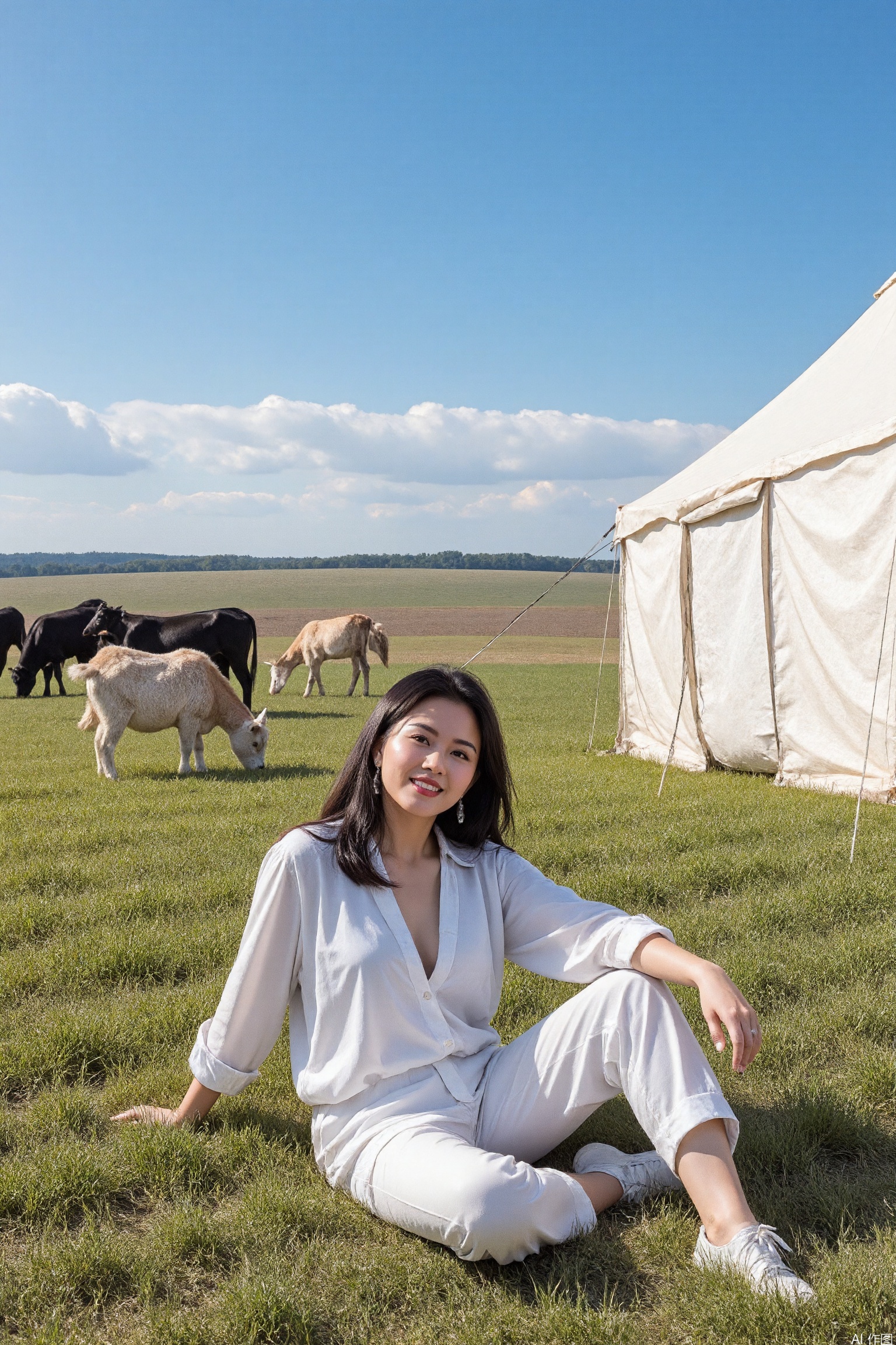 The image shows a person sitting outdoors in a grassy area, wearing a white outfit. Behind them, there is a large tent-like structure with black straps. In the background, there are several animals grazing on the grass, including cows and goats. The sky is clear with a few scattered clouds, and the landscape appears to be a vast, open field.