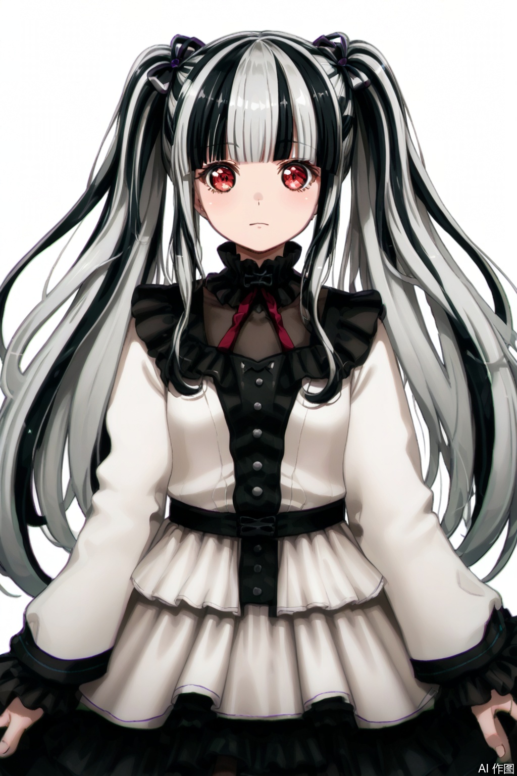 masterpiece, best quality,solo,((white background:1.2)),simple background,
looking at viewer,Nyubara Reona,PAREO,white hair,black hair,streaked hair,two-tone hair,blunt bangs,multicolored hair,red eyes,twintails