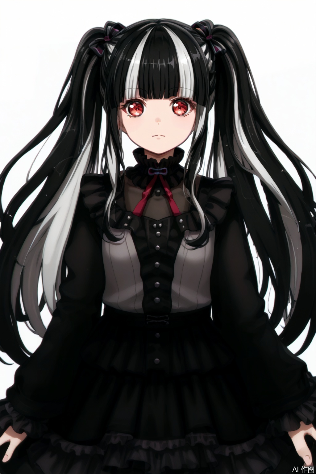 masterpiece, best quality,solo,((white background:1.2)),simple background,
looking at viewer,Nyubara Reona,PAREO,white hair,black hair,streaked hair,two-tone hair,blunt bangs,multicolored hair,red eyes,twintails