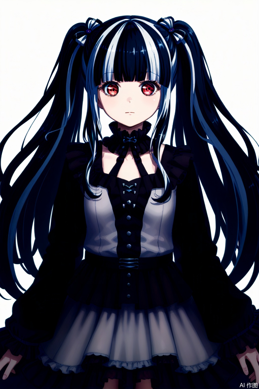 masterpiece, best quality,solo,((white background:1.2)),simple background,
looking at viewer,Nyubara Reona,PAREO,white hair,black hair,streaked hair,two-tone hair,blunt bangs,multicolored hair,red eyes,twintails