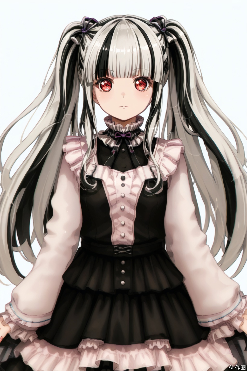 masterpiece, best quality,solo,((white background:1.2)),simple background,
looking at viewer,Nyubara Reona,PAREO,white hair,black hair,streaked hair,two-tone hair,blunt bangs,multicolored hair,red eyes,twintails