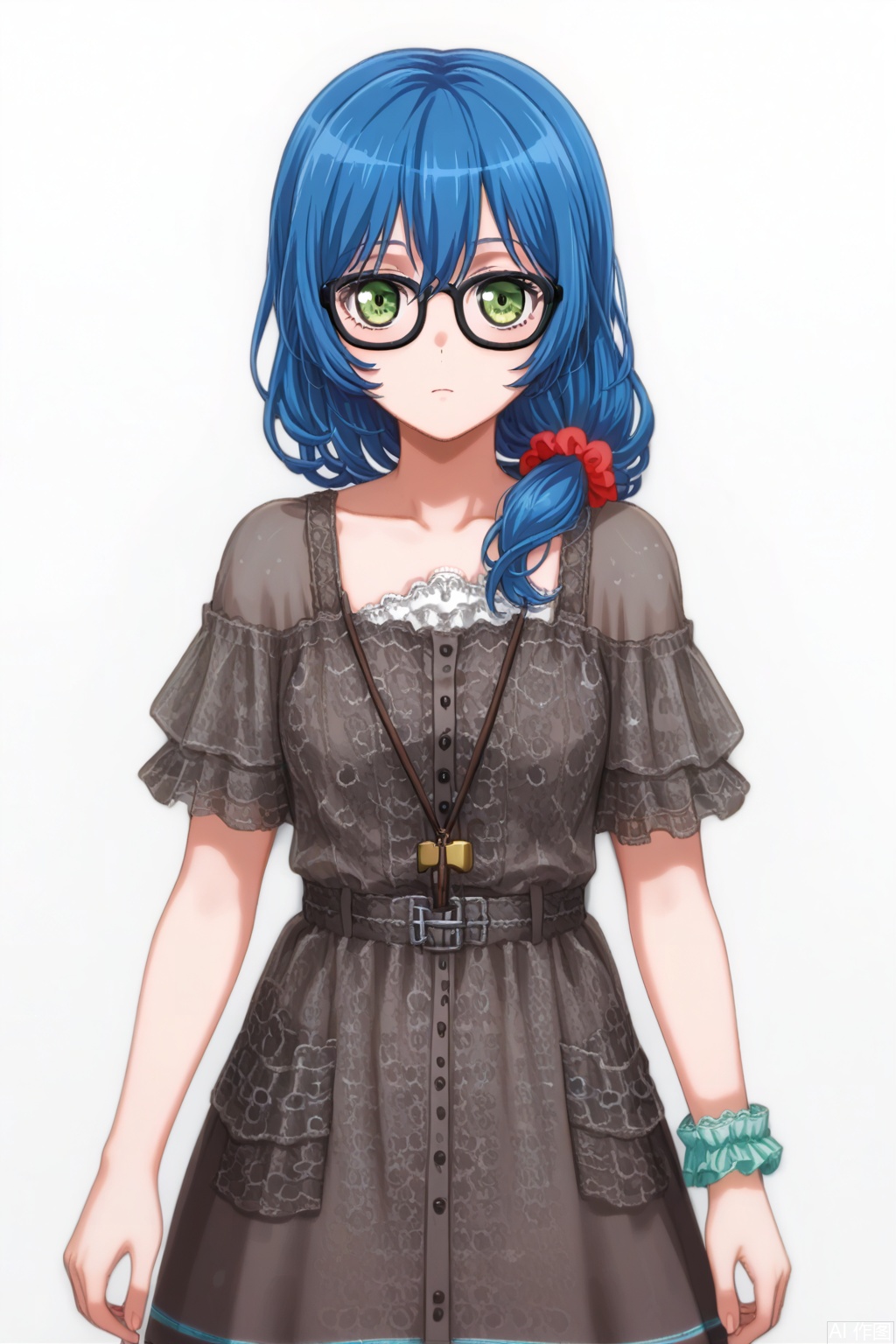 masterpiece, best quality,solo,((white background:1.2)),simple background,
looking at viewer,ong hair,  hair ornament, green eyes,blue hair,  glasses, hair over shoulder,hair scrunchie, black-framed eyewear,Asahi Rokka, LOCK