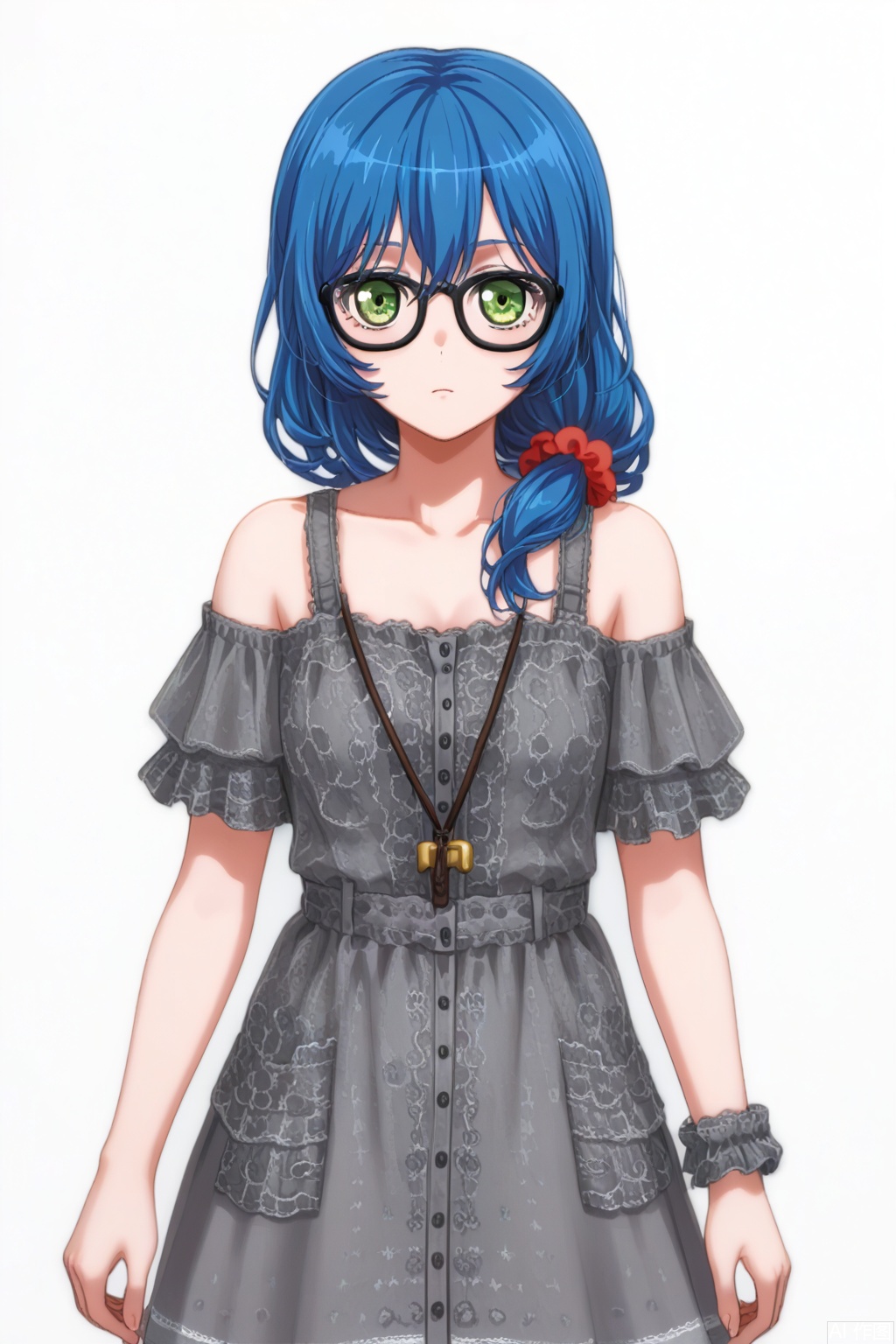 masterpiece, best quality,solo,((white background:1.2)),simple background,
looking at viewer,ong hair,  hair ornament, green eyes,blue hair,  glasses, hair over shoulder,hair scrunchie, black-framed eyewear,Asahi Rokka, LOCK