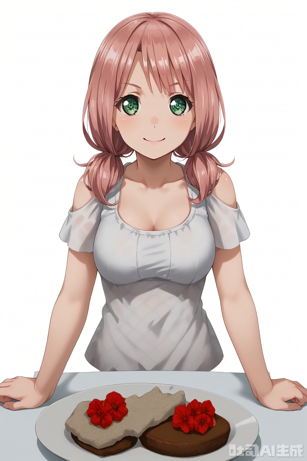 masterpiece, best quality,solo,((white background:1.2)),simple background,
looking at viewer,Uehara Himari,long hair, breasts,smile,bangs, twintails, green eyes,pink hair,low twintails