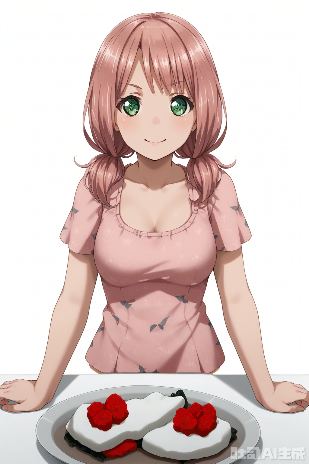 masterpiece, best quality,solo,((white background:1.2)),simple background,
looking at viewer,Uehara Himari,long hair, breasts,smile,bangs, twintails, green eyes,pink hair,low twintails