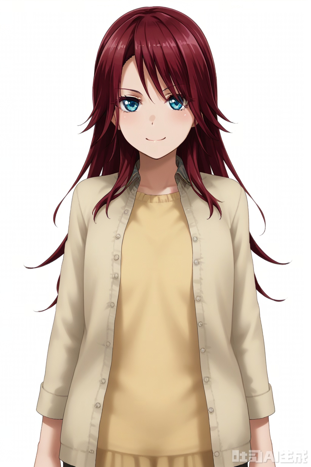 masterpiece, best quality,solo,((white background:1.2)),simple background,
looking at viewer,red hair,Udagawa Tomoe,smile, bangs, blue eyes,long hair