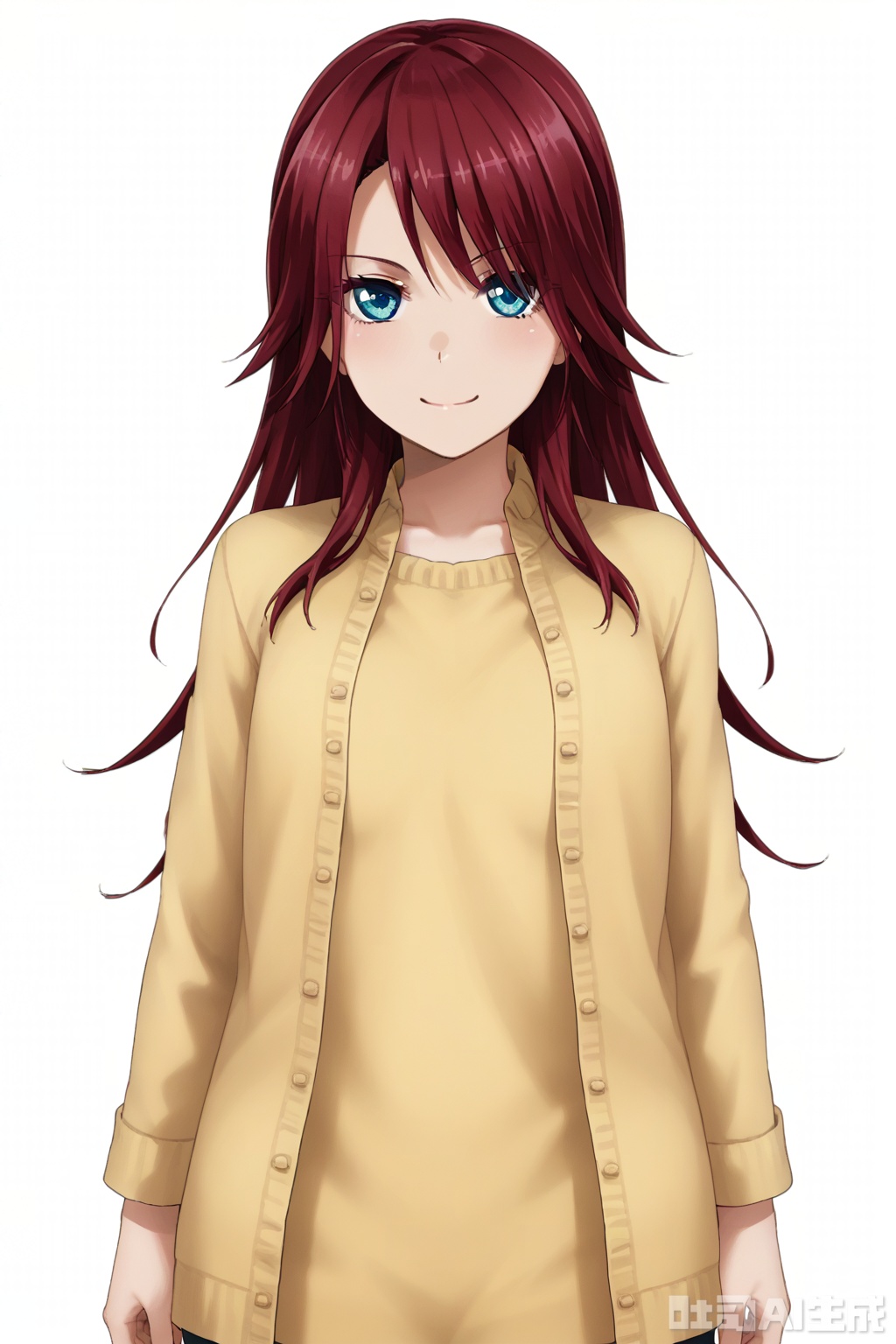 masterpiece, best quality,solo,((white background:1.2)),simple background,
looking at viewer,red hair,Udagawa Tomoe,smile, bangs, blue eyes,long hair