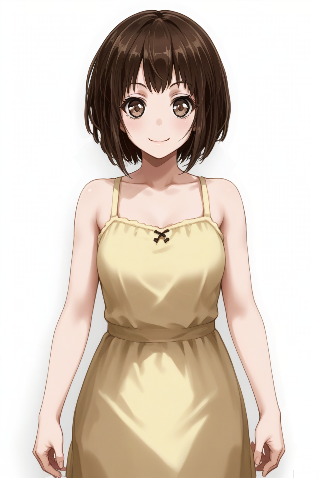 masterpiece, best quality,solo,((white background:1.2)),simple background,
looking at viewer,Hazawa Tsugumi,smile, short hair,brown hair, brown eyes, bob cut