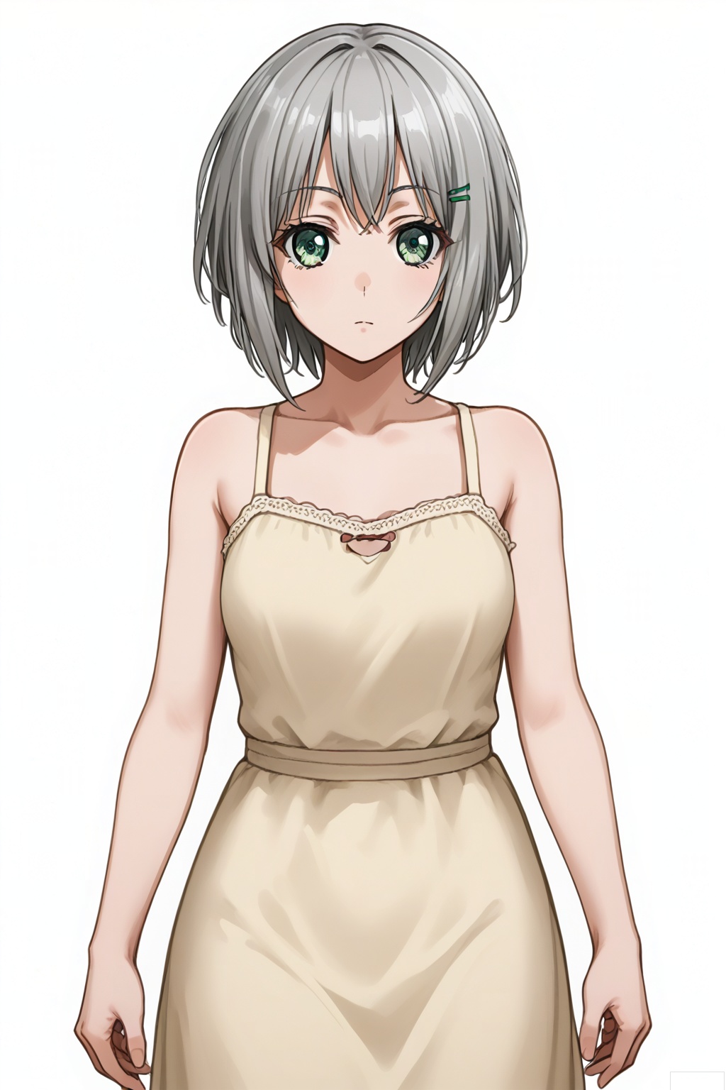masterpiece, best quality,solo,((white background:1.2)),simple background,
looking at viewer,Aoba Moca,short hair, bangs, green eyes,grey hair