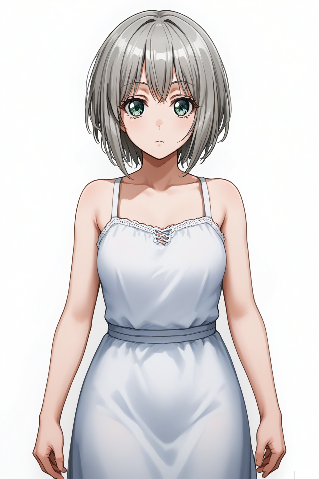 masterpiece, best quality,solo,((white background:1.2)),simple background,
looking at viewer,Aoba Moca,short hair, bangs, green eyes,grey hair