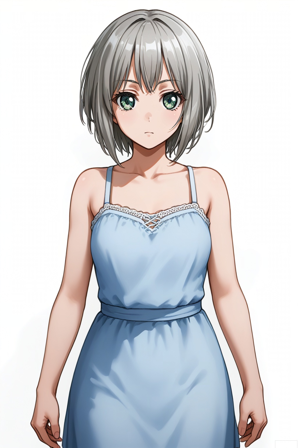masterpiece, best quality,solo,((white background:1.2)),simple background,
looking at viewer,Aoba Moca,short hair, bangs, green eyes,grey hair