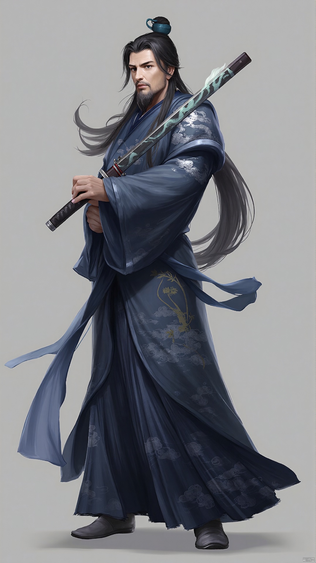 cg illustration, character design, ancient style, Chinese style, Oriental face, wide forehead, soft cheek lines, clear eyes, full of wisdom and indifference. He wore a dark blue robe embroidered with a sea of clouds symbolizing height and freedom. Long hair symmetrical, wearing a symbol of kendo jade, holding a simple long sword, sword body with a light, standing posture calm, the temperament of a mountain