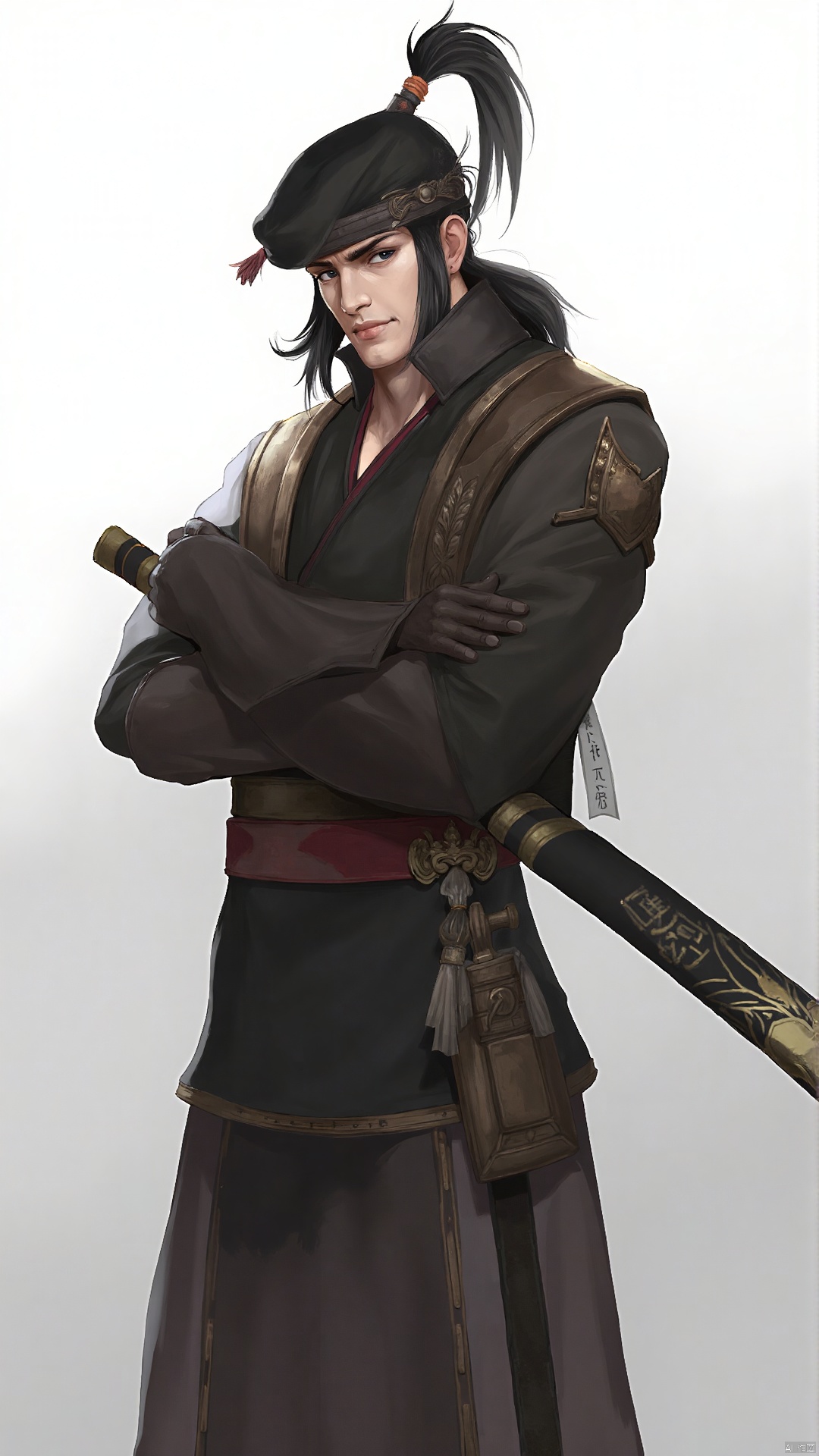 ash,Game character drawing. The hero wears a simple Chinese samurai suit, and the overall design emphasizes comfort and flexibility. This robe is made of tough material and is suitable for fast movement in battle. He wore a black turban on his head that covered half his face, leaving only a pair of piercing eyes. His face is handsome and resolute, exuding the temperament of a swordsman. Her long hair was tied in a ponytail, sharp as the tip of a sword. Waist sword, sword engraved with ancient runes, exudes a mysterious aura. He was tall and steady, as if he could pull off an earth-shattering sword at any moment.