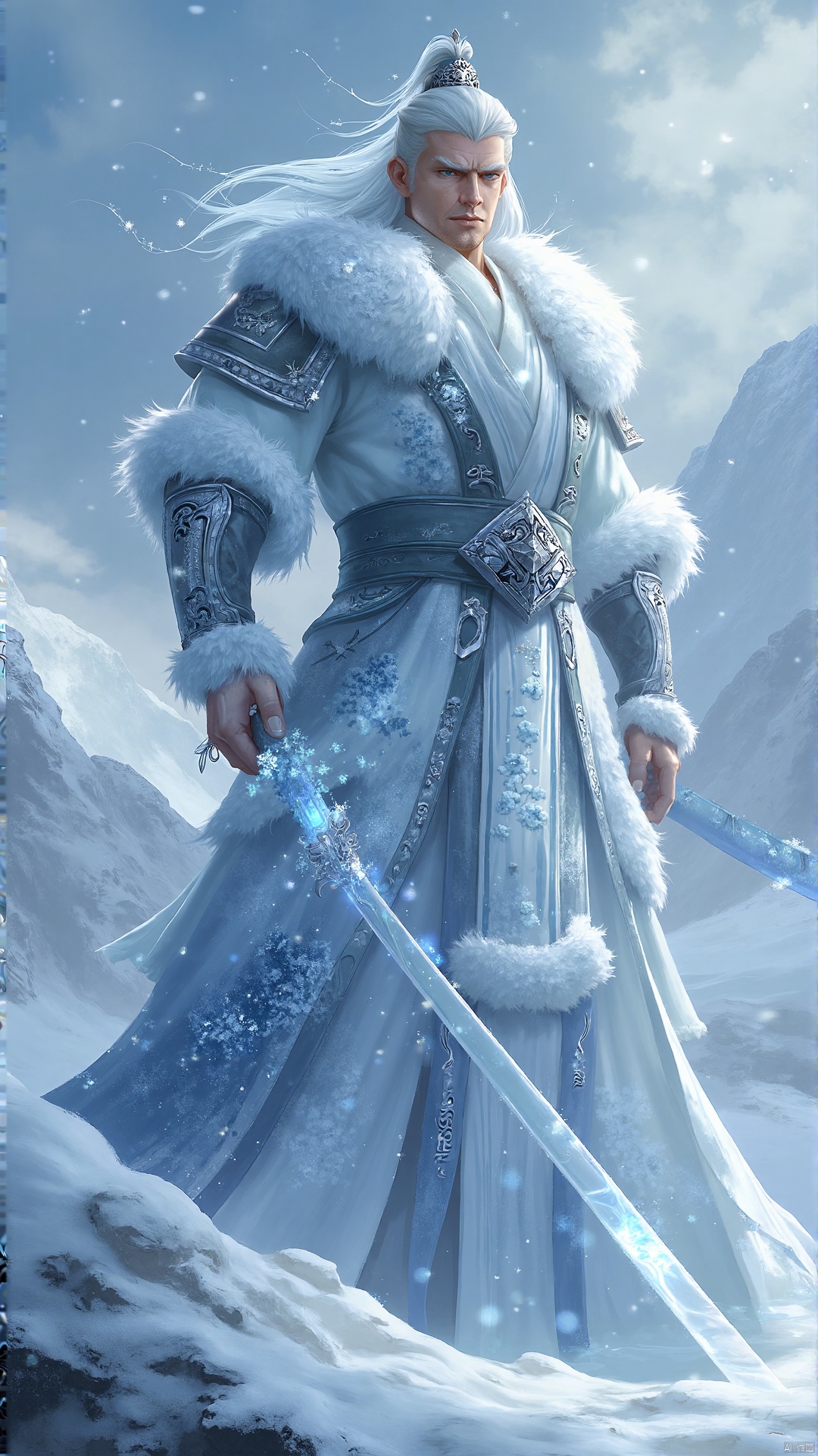 Chinese style, Frost and Snow Swordsman On the snow-covered mountain top, his face is square, resolute and tough. Dressed in a thick white robe, embroidered with ice flowers, as if integrated with the snow scene. Holding a long sword with a cold glow, engraved with ancient runes, and surrounded by snowflakes, he looked like a warrior in the snow, cold and bold