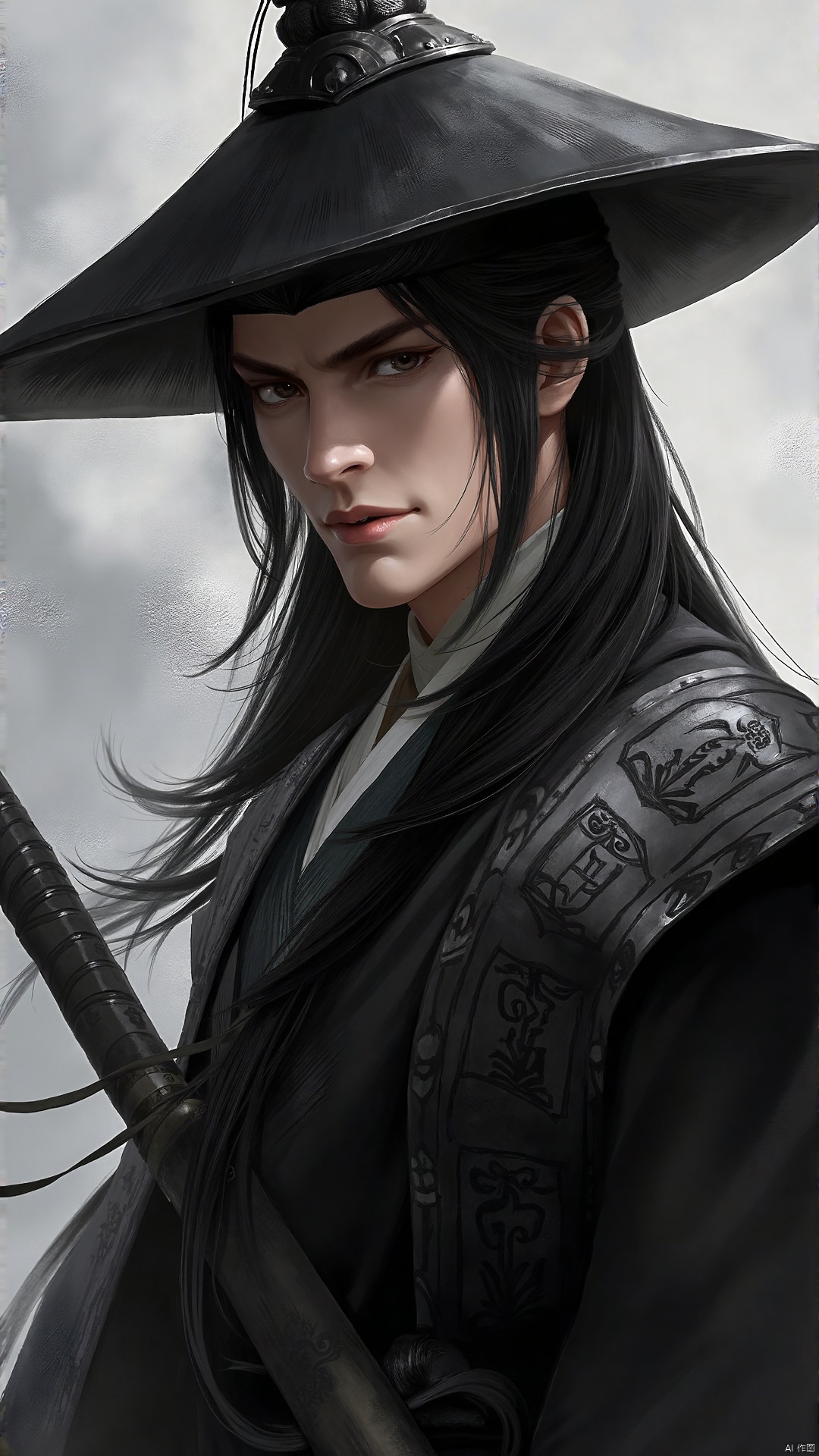 ash,Chinese character,Oriental hero wears black martial arts suit,simple but without losing edge. The material is soft,but the lines are clean,indicating his identity as a swordsman. He wore a black broad-brimmed hat,and his face was cold and beautiful,with a haughty and proud air. The long hair hung down like a black waterfall. In his hand he held a sword of the soul,which was covered with ancient runes and radiated great power,
