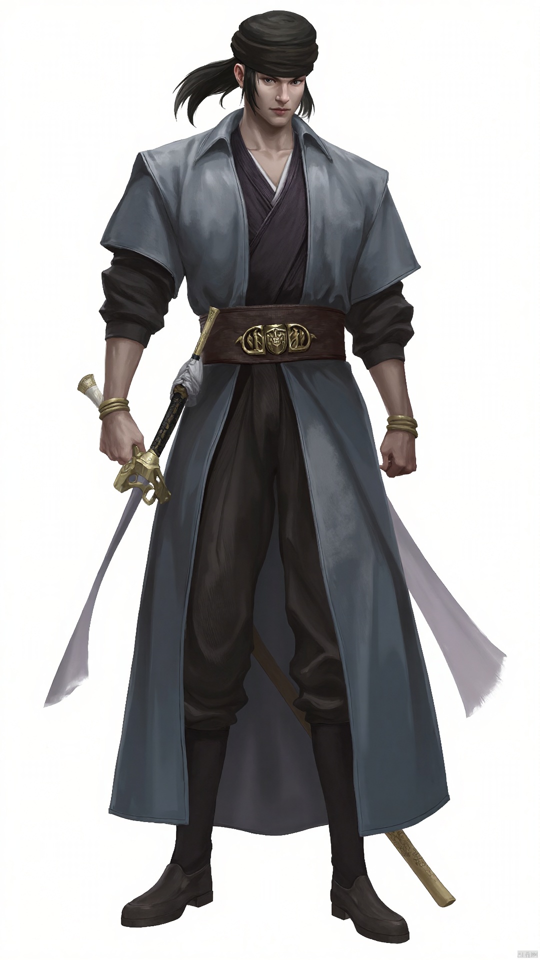 ash,Game character drawing. The hero wears a simple Chinese samurai suit, and the overall design emphasizes comfort and flexibility. This robe is made of tough material and is suitable for fast movement in battle. He wore a black turban on his head that covered half his face, leaving only a pair of piercing eyes. His face is handsome and resolute, exuding the temperament of a swordsman. Her long hair was tied in a ponytail, sharp as the tip of a sword. Waist sword, sword engraved with ancient runes, exudes a mysterious aura. He was tall and steady, as if he could pull off an earth-shattering sword at any moment.