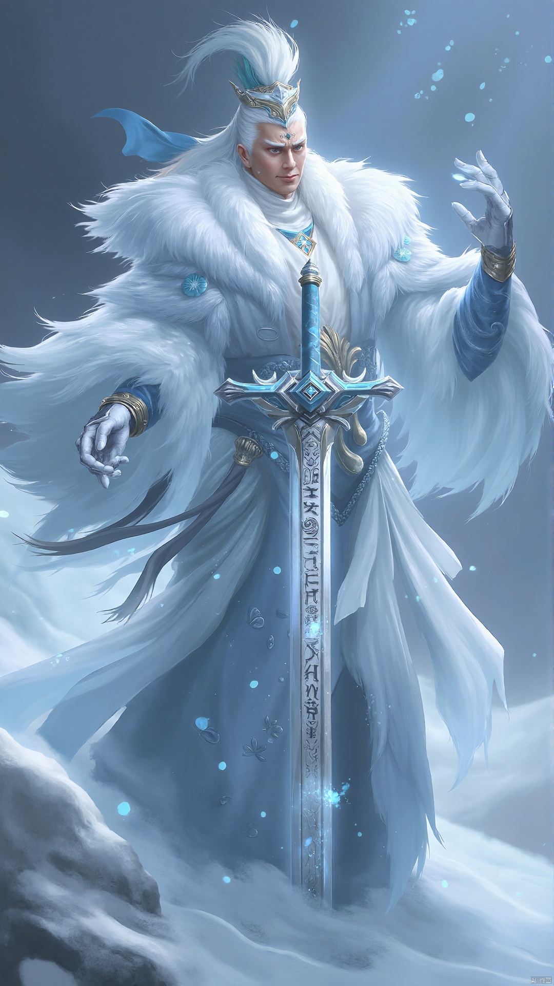 Chinese style, Frost and Snow Swordsman On the snow-covered mountain top, his face is square, resolute and tough. Dressed in a thick white robe, embroidered with ice flowers, as if integrated with the snow scene. Holding a long sword with a cold glow, engraved with ancient runes, and surrounded by snowflakes, he looked like a warrior in the snow, cold and bold