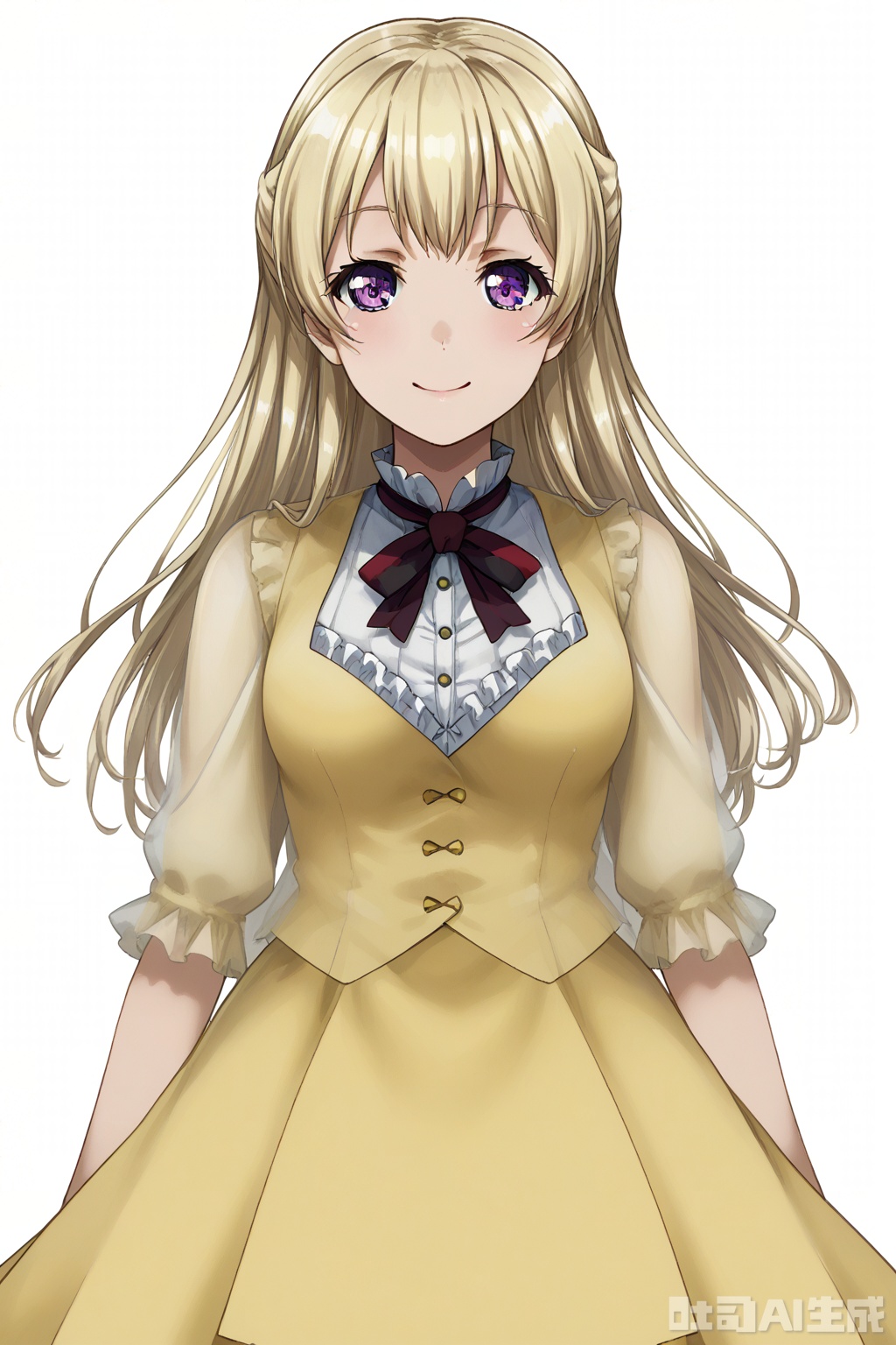 masterpiece, best quality,solo,((white background:1.2)),simple background,
looking at viewer,Shirasagi Chisato,long hair, smile,bangs,blonde hair,purple eyes