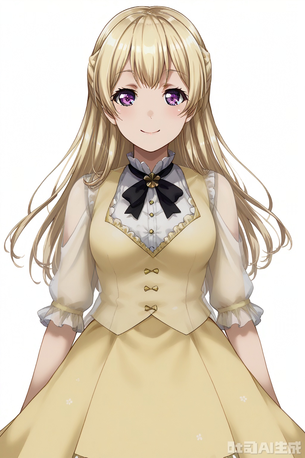 masterpiece, best quality,solo,((white background:1.2)),simple background,
looking at viewer,Shirasagi Chisato,long hair, smile,bangs,blonde hair,purple eyes