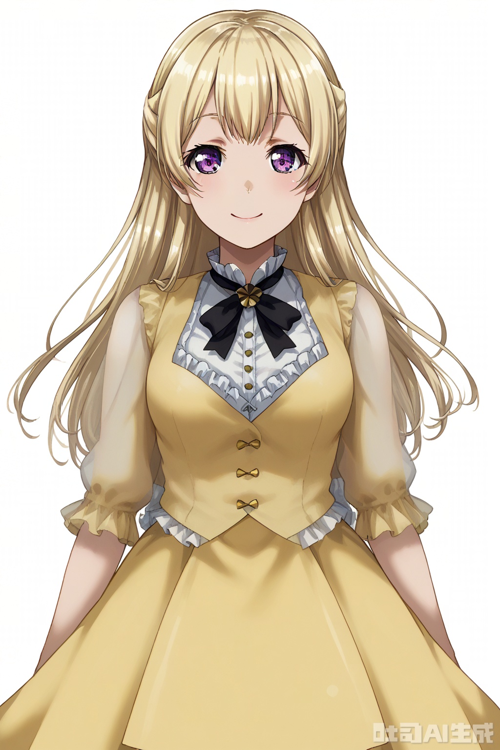 masterpiece, best quality,solo,((white background:1.2)),simple background,
looking at viewer,Shirasagi Chisato,long hair, smile,bangs,blonde hair,purple eyes