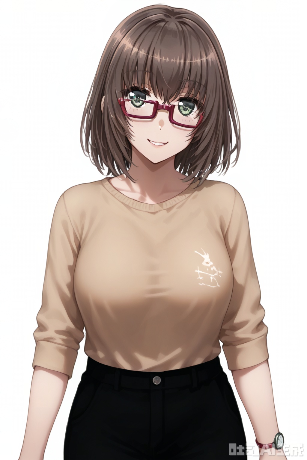 masterpiece, best quality,solo,((white background:1.2)),simple background,
looking at viewer,Yamato Maya,smile, short hair, bangs,brown hair,green eyes, glasses,semi-rimless eyewear, red-framed eyewear, under-rim eyewear