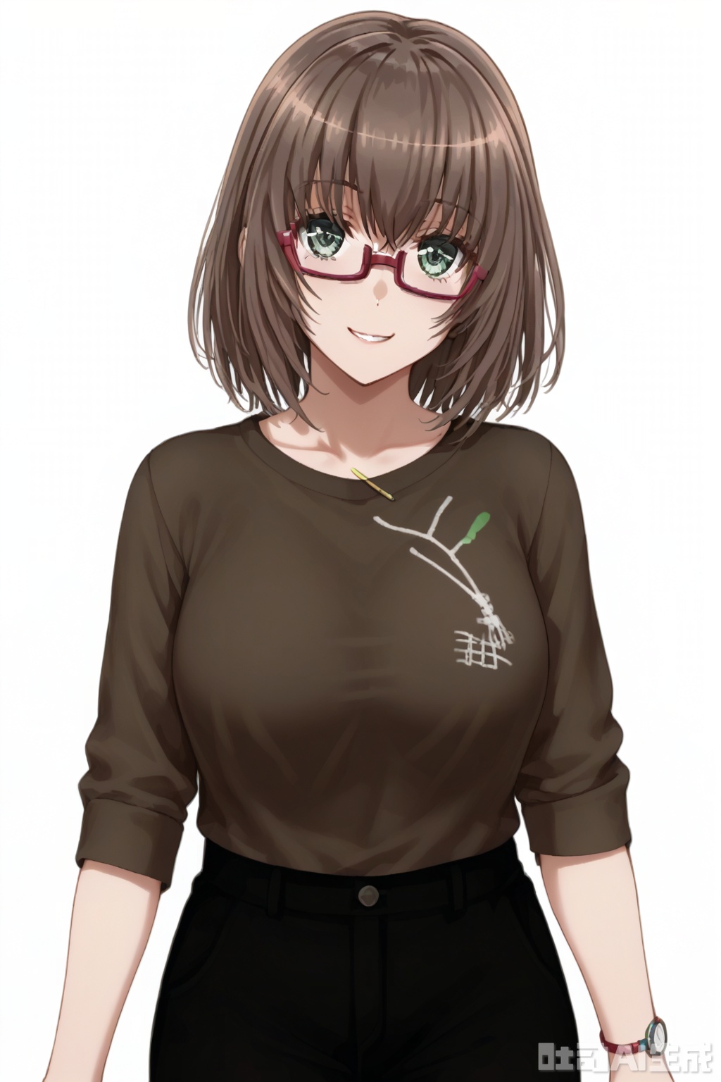 masterpiece, best quality,solo,((white background:1.2)),simple background,
looking at viewer,Yamato Maya,smile, short hair, bangs,brown hair,green eyes, glasses,semi-rimless eyewear, red-framed eyewear, under-rim eyewear
