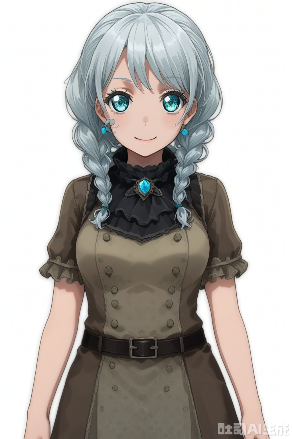 masterpiece, best quality,solo,((white background:1.2)),simple background,
looking at viewer,Wakamiya Eve, long hair, smile, bangs,blue eyes, braid, white hair,twin braids,aqua eyes,  hair over shoulder