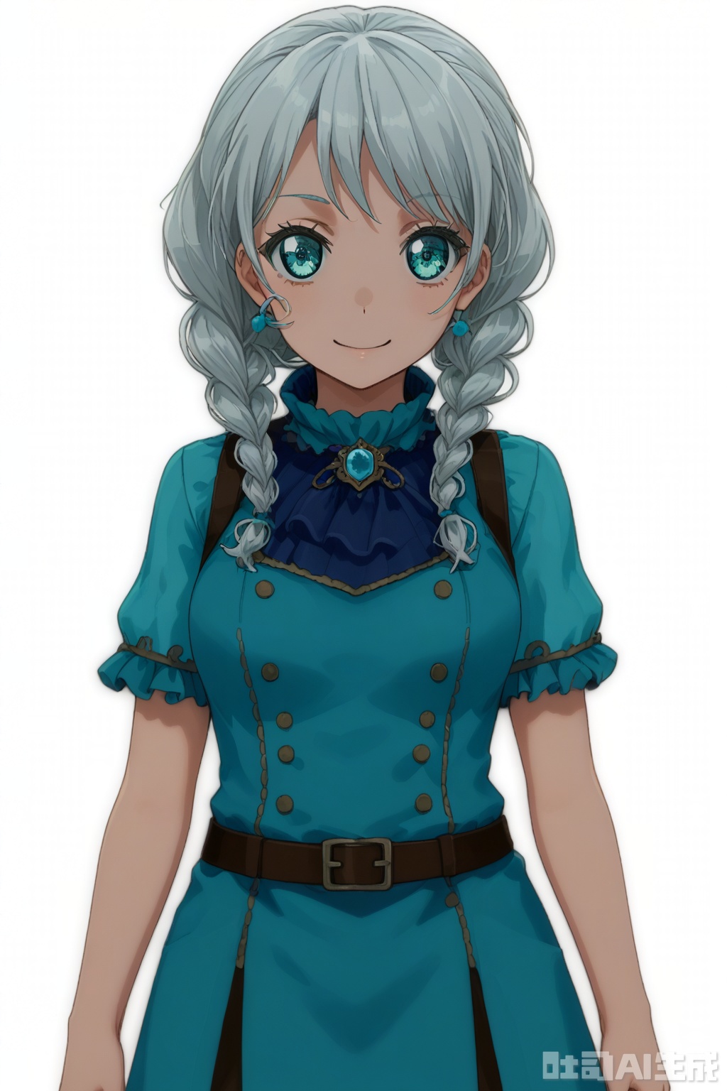 masterpiece, best quality,solo,((white background:1.2)),simple background,
looking at viewer,Wakamiya Eve, long hair, smile, bangs,blue eyes, braid, white hair,twin braids,aqua eyes,  hair over shoulder