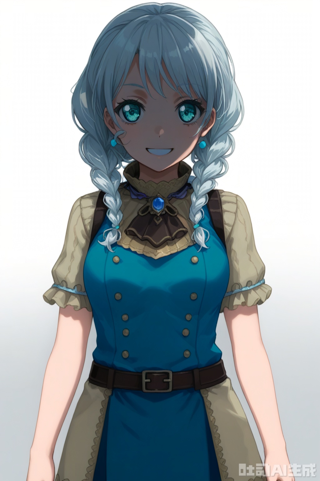 masterpiece, best quality,solo,((white background:1.2)),simple background,
looking at viewer,Wakamiya Eve, long hair, smile, bangs,blue eyes, braid, white hair,twin braids,aqua eyes,  hair over shoulder