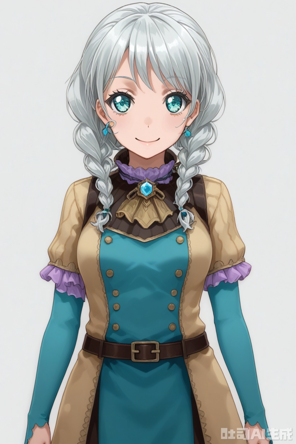 masterpiece, best quality,solo,((white background:1.2)),simple background,
looking at viewer,Wakamiya Eve, long hair, smile, bangs,blue eyes, braid, white hair,twin braids,aqua eyes,  hair over shoulder