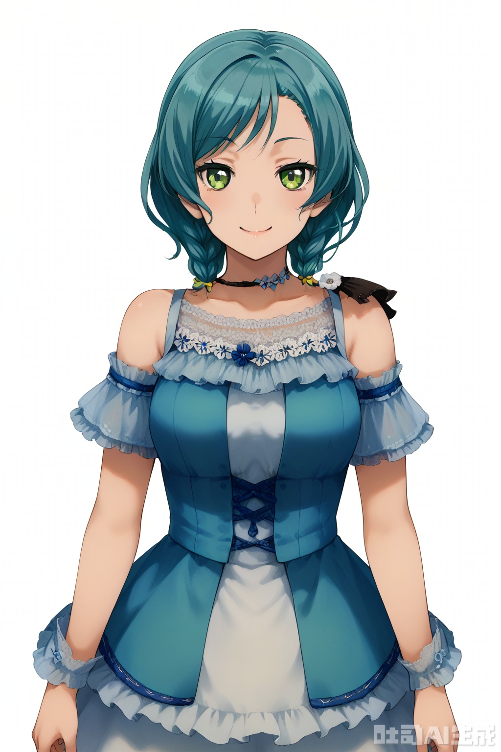masterpiece, best quality,solo,((white background:1.2)),simple background,
looking at viewer,Hikawa Hina,smile, short hair,green eyes,braid, twin braids,aqua hair,side braids
