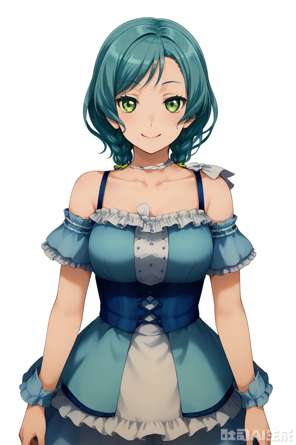 masterpiece, best quality,solo,((white background:1.2)),simple background,
looking at viewer,Hikawa Hina,smile, short hair,green eyes,braid, twin braids,aqua hair,side braids