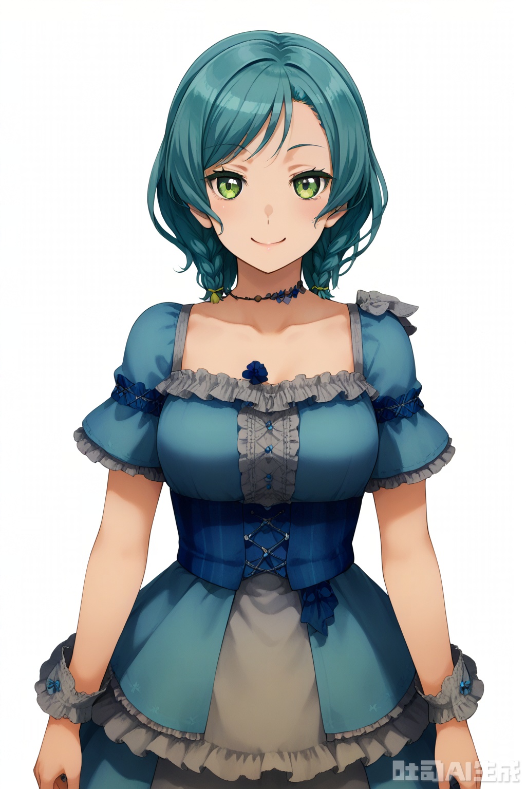 masterpiece, best quality,solo,((white background:1.2)),simple background,
looking at viewer,Hikawa Hina,smile, short hair,green eyes,braid, twin braids,aqua hair,side braids