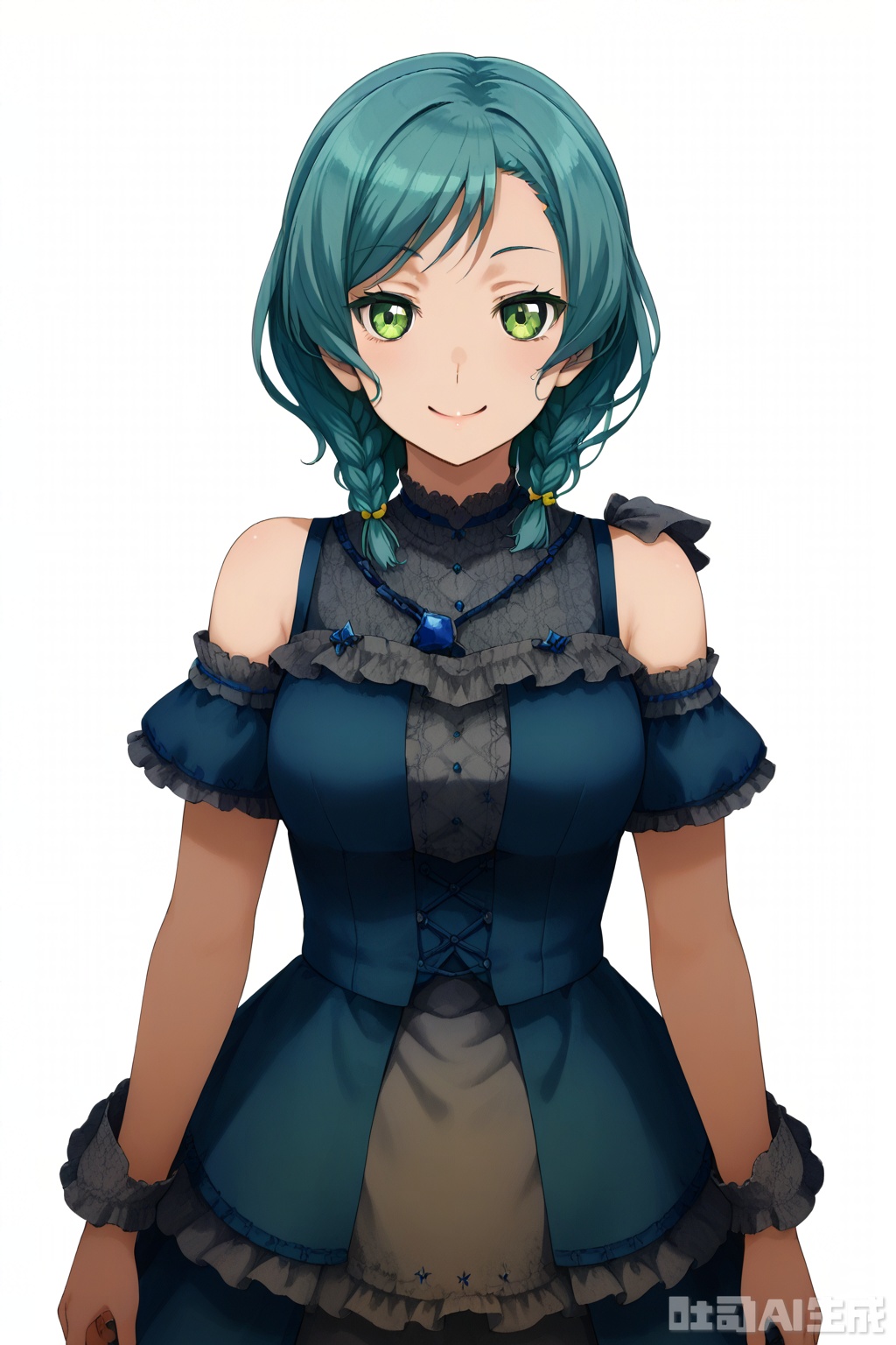 masterpiece, best quality,solo,((white background:1.2)),simple background,
looking at viewer,Hikawa Hina,smile, short hair,green eyes,braid, twin braids,aqua hair,side braids