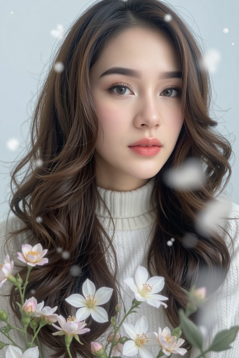 Soft focus shot: Woman with flowing long hair and sharply defined features against crisp white background,  gently lit by...