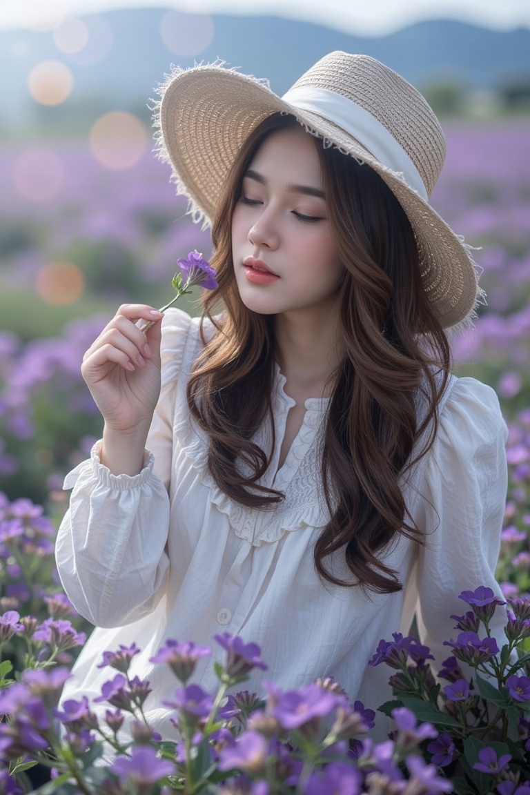 a realistic image of a young East Asian woman with long,  slightly wavy brown hair is captured from a medium close-up,  si...