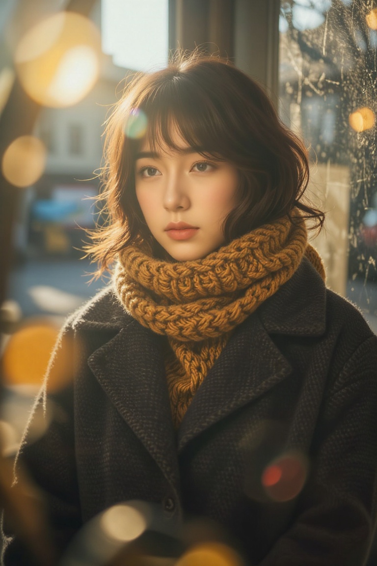 a realistic image of a young woman captured from an eye-level,  close-up camera view that establishes an intimate,  nostal...