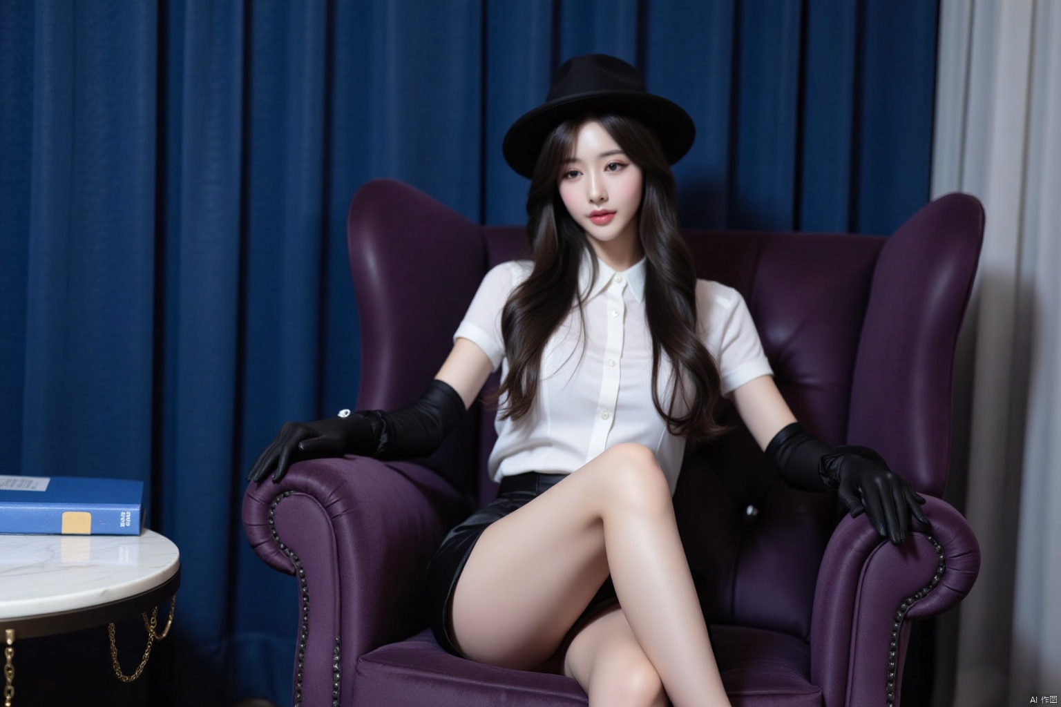 a woman is seated on a purple velvet chair. She is dressed in a short-sleeved white shirt, black gloves, and a black hat. Her long brown hair is cascading over her shoulders. Her left hand is resting on the table, while her right hand is holding a black telephone. The woman's right leg is crossed over the chair, her left leg is resting against the table. The chair is a deep purple, with a gold chain dangling from it. To the left of the woman, there is a table with a blue binder with a white label on it. Behind the woman is a blue curtain.