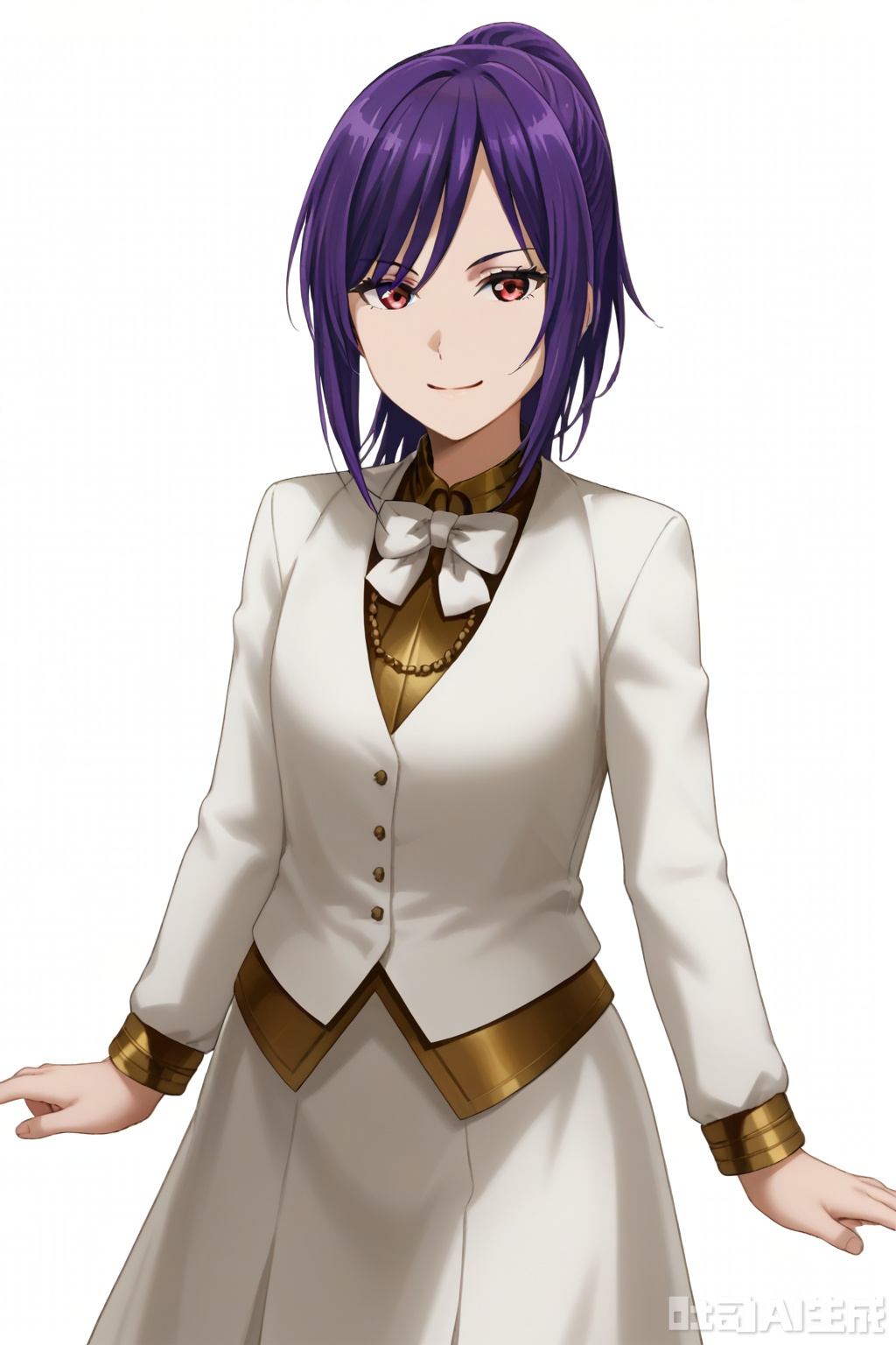 masterpiece, best quality,solo,((white background:1.2)),simple background,
looking at viewer,Seta Kaoru,smile, bangs, red eyes,ponytail, purple hair, sidelocks