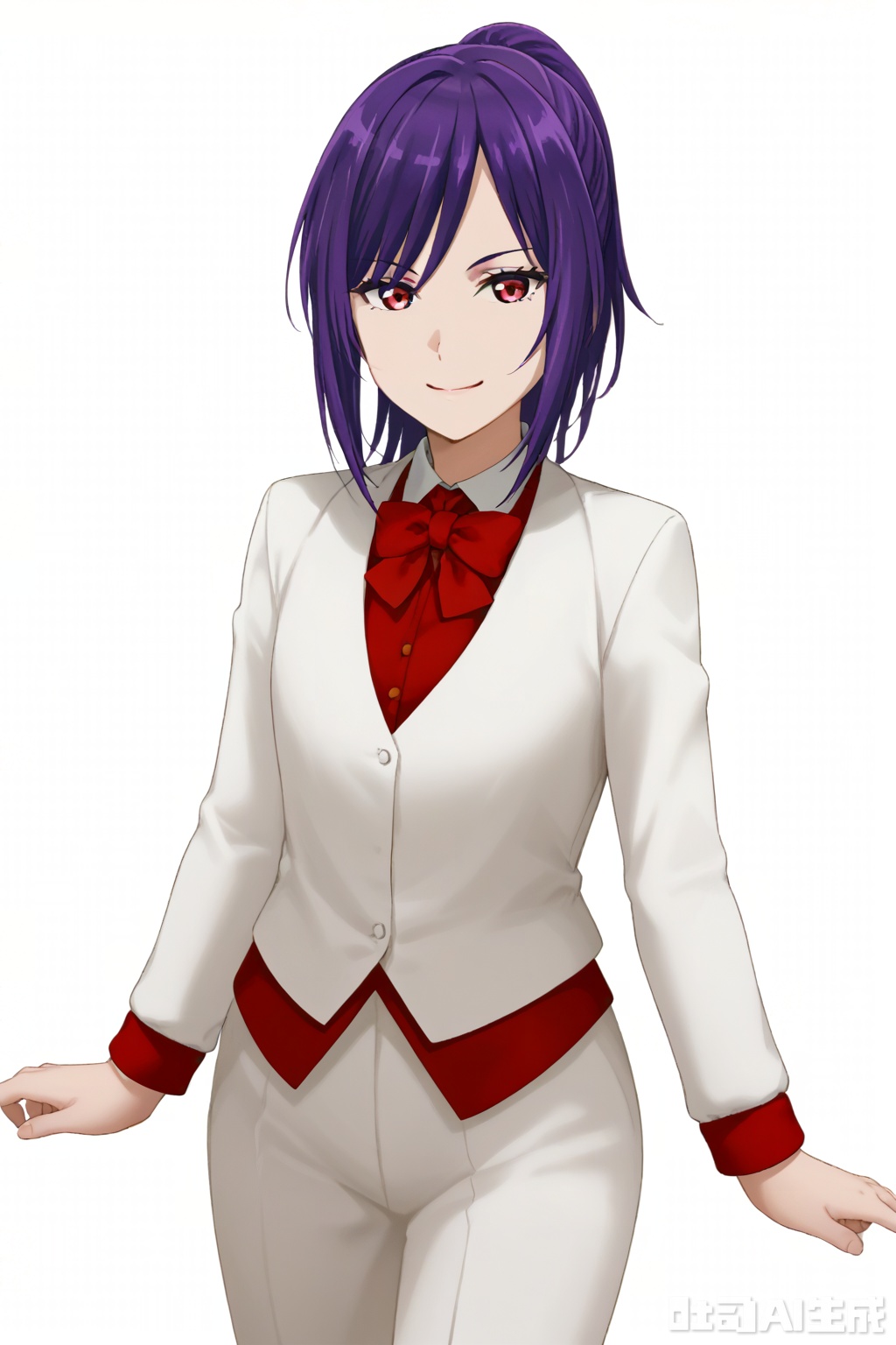 masterpiece, best quality,solo,((white background:1.2)),simple background,
looking at viewer,Seta Kaoru,smile, bangs, red eyes,ponytail, purple hair, sidelocks