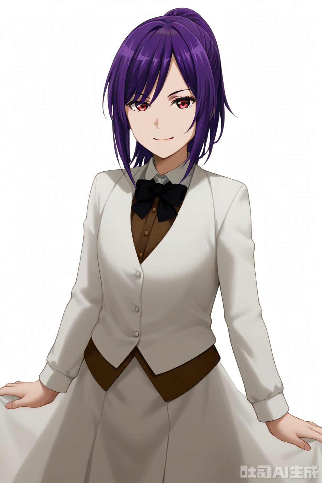 masterpiece, best quality,solo,((white background:1.2)),simple background,
looking at viewer,Seta Kaoru,smile, bangs, red eyes,ponytail, purple hair, sidelocks