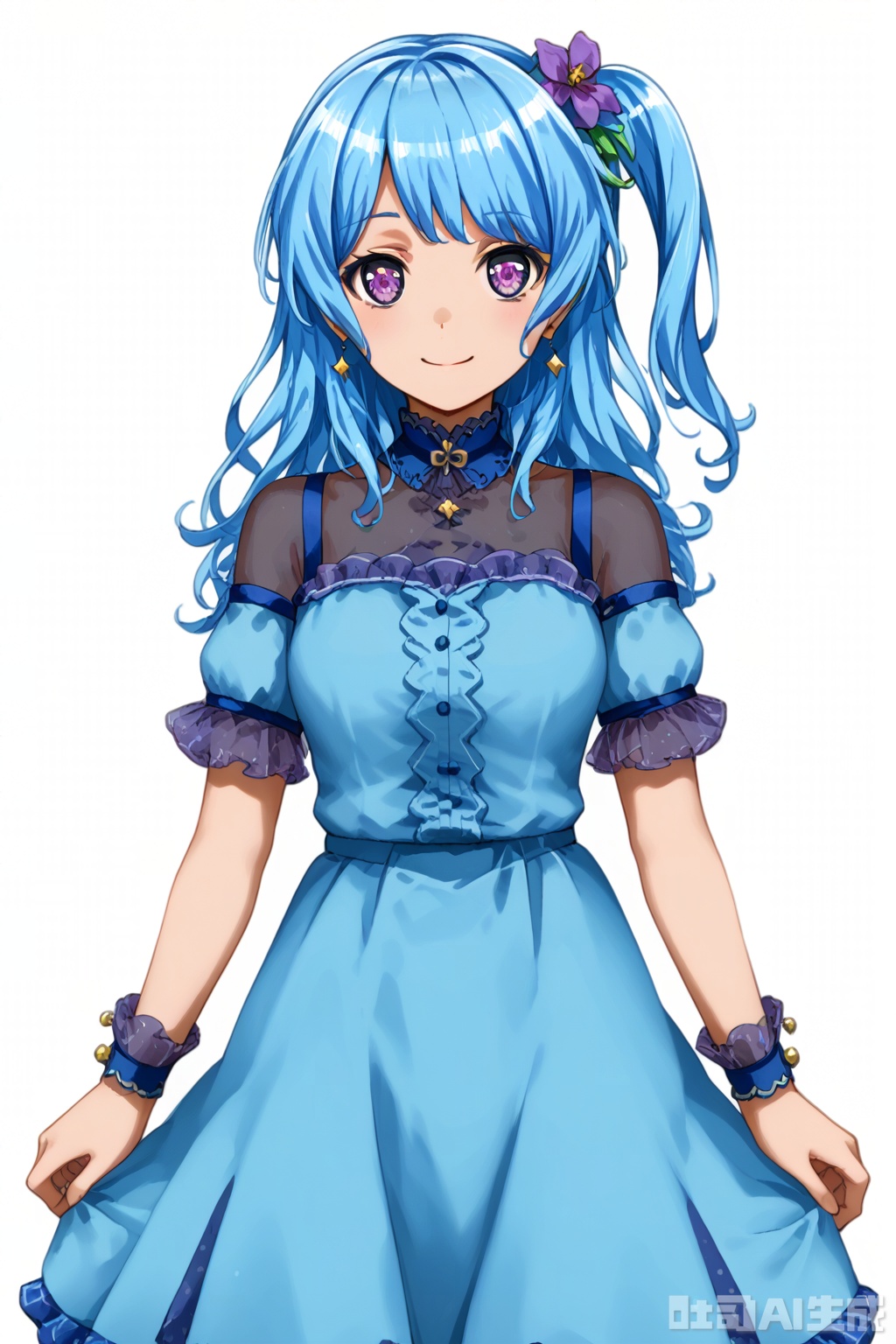 masterpiece, best quality,solo,((white background:1.2)),simple background,
looking at viewer,Matsubara Kanon,long hair,smile, bangs,hair ornament,blue hair, purple eyes,hair flower, one side up,light blue hair