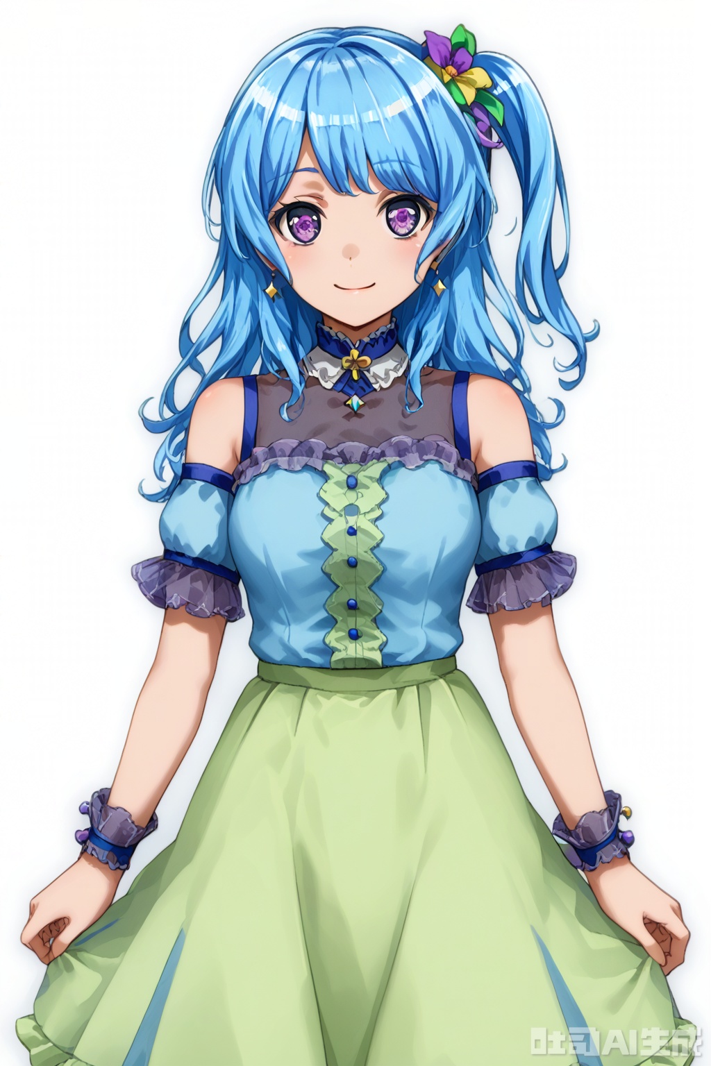 masterpiece, best quality,solo,((white background:1.2)),simple background,
looking at viewer,Matsubara Kanon,long hair,smile, bangs,hair ornament,blue hair, purple eyes,hair flower, one side up,light blue hair