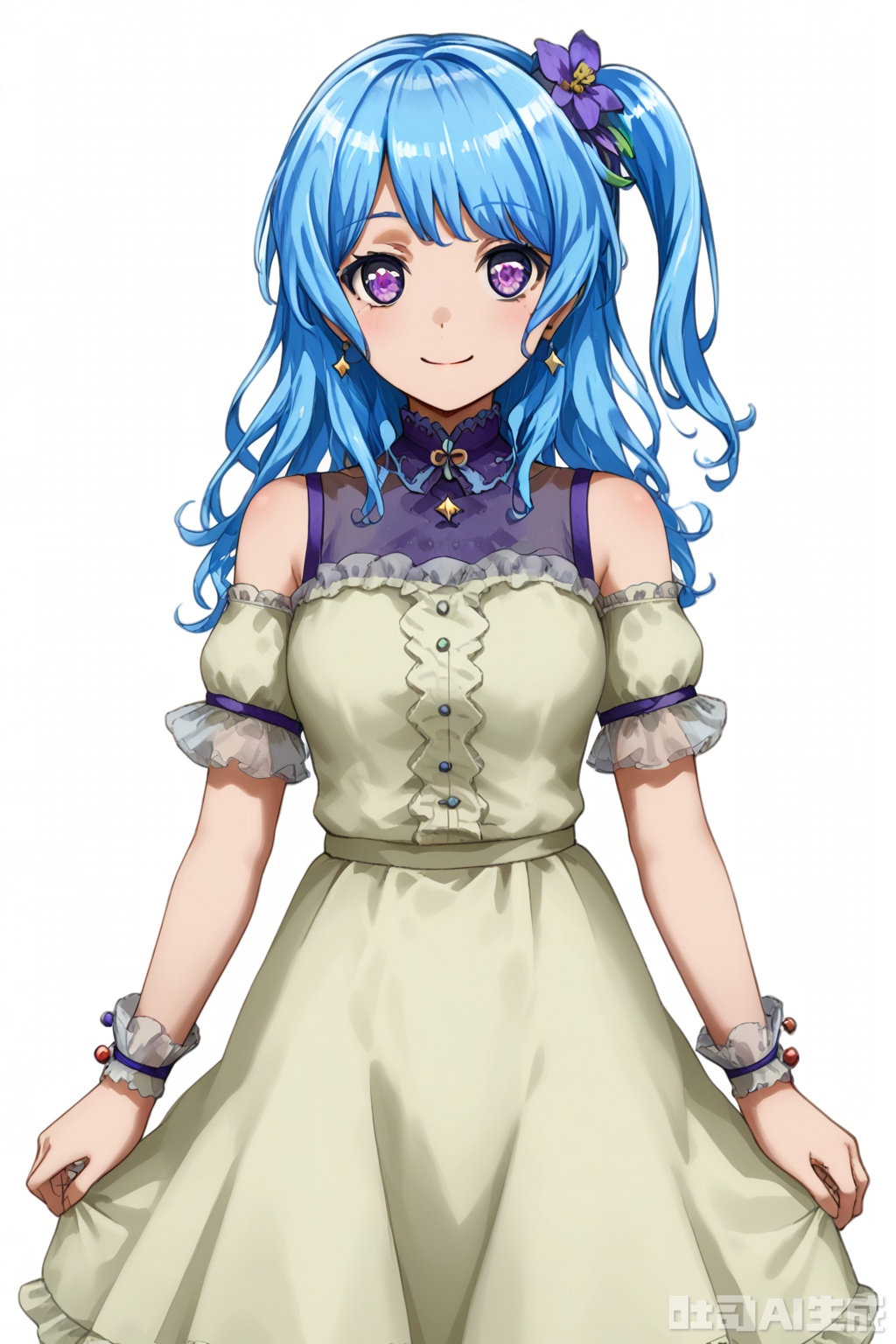 masterpiece, best quality,solo,((white background:1.2)),simple background,
looking at viewer,Matsubara Kanon,long hair,smile, bangs,hair ornament,blue hair, purple eyes,hair flower, one side up,light blue hair